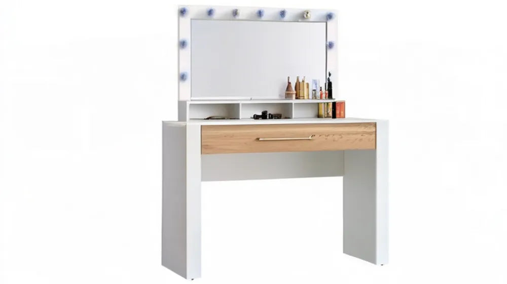 Biała toaletka z lustrem i szufladą, jasny dąb, 90 x 40 x 140 cm