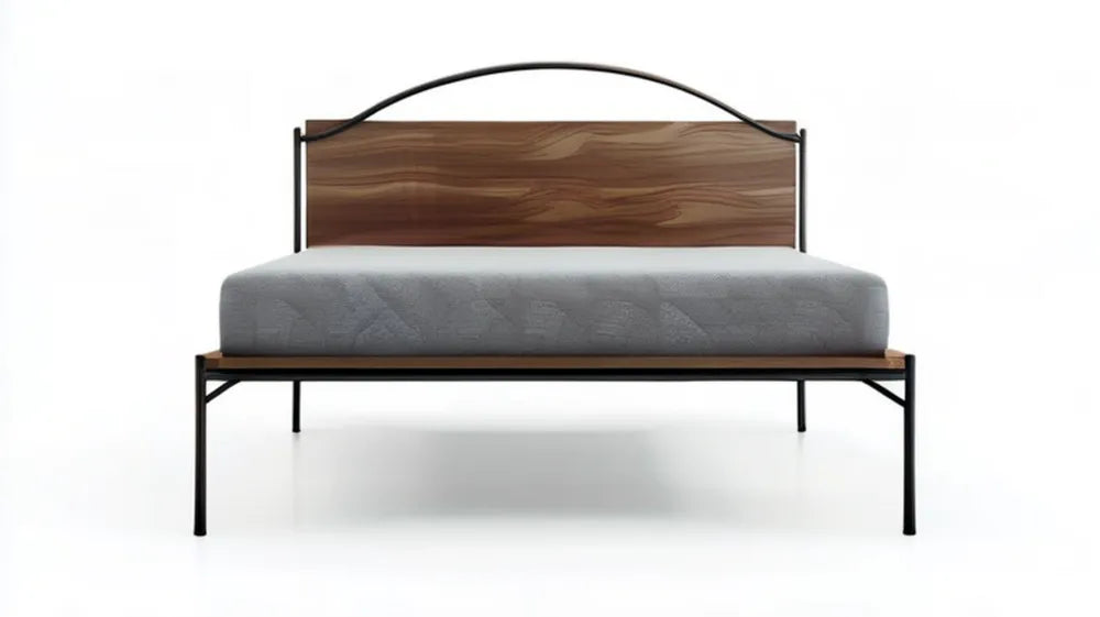 Łóżko dwuosobowe 160 x 200 cm ze stalową ramą i zagłówkiem MDF, czarne/orzech
