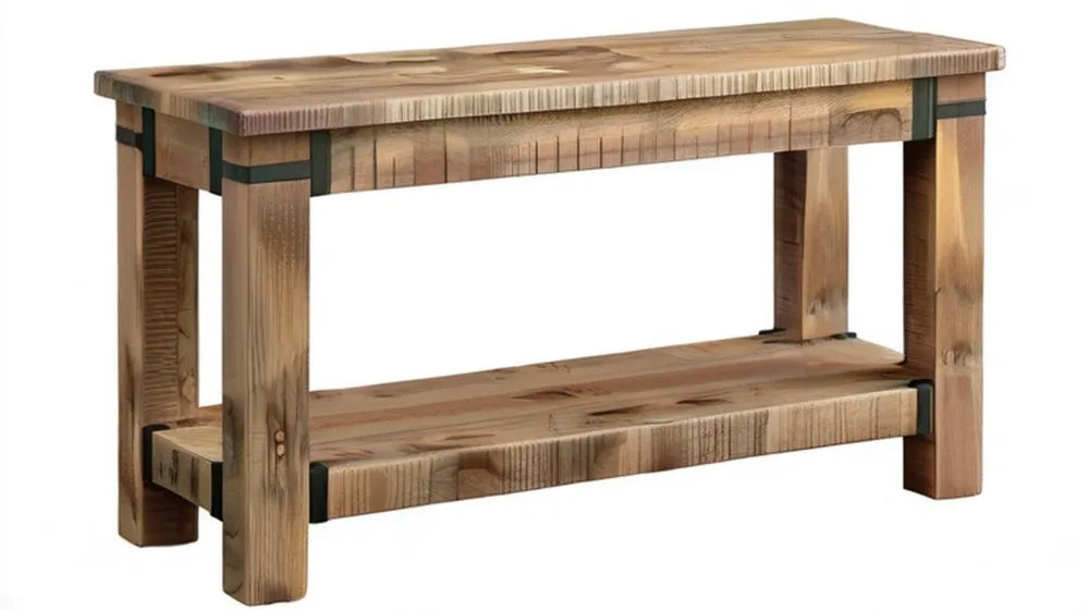 Rustykalny stolik z litego drewna sosnowego z dolną półką, naturalny brąz/czarny, 110 x 35 x 75 cm