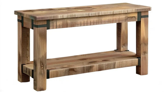 Rustykalny stolik z litego drewna sosnowego z dolną półką, naturalny brąz/czarny, 110 x 35 x 75 cm