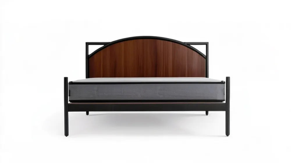Łóżko dwuosobowe stalowe z zagłówkiem MDF w kolorze czarnym i orzechowym, 160 x 200 cm