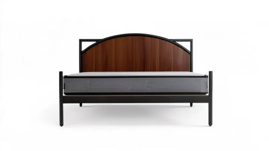 Łóżko dwuosobowe stalowe z zagłówkiem MDF w kolorze czarnym i orzechowym, 160 x 200 cm