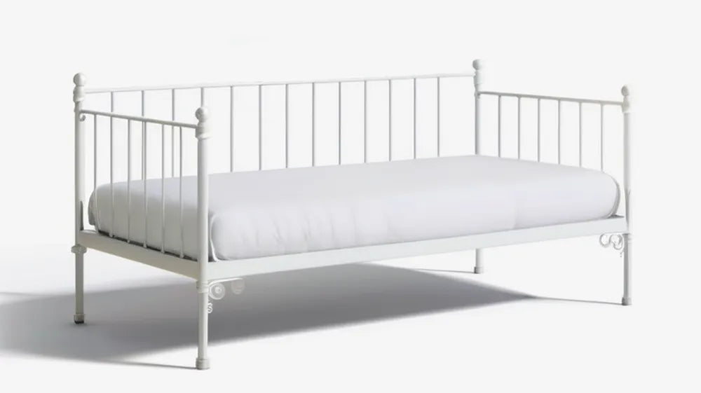 Białe metalowe łóżko jednoosobowe z materacem 90 x 200 cm