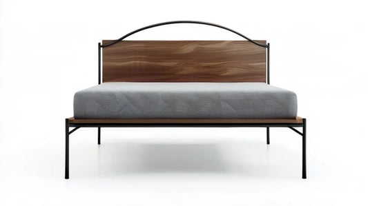 Łóżko dwuosobowe 160 x 200 cm ze stalową ramą i zagłówkiem MDF, czarne/orzech