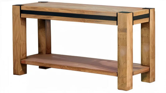 Konsola z litego drewna dębowego z dolną półką, 120 x 40 x 75 cm, naturalny dąb/czarny